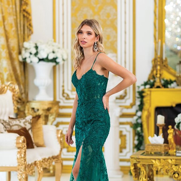 New Hunter Green Floral Lace Embellished Sheath Festive Gown w/ Leg Slit DQ 4501 - Picture 3 of 8